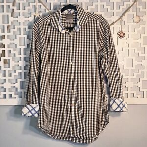 Thomas Dean Mens Brown Gingham Shirt Size L Blue Plaid Flip Cuffs
